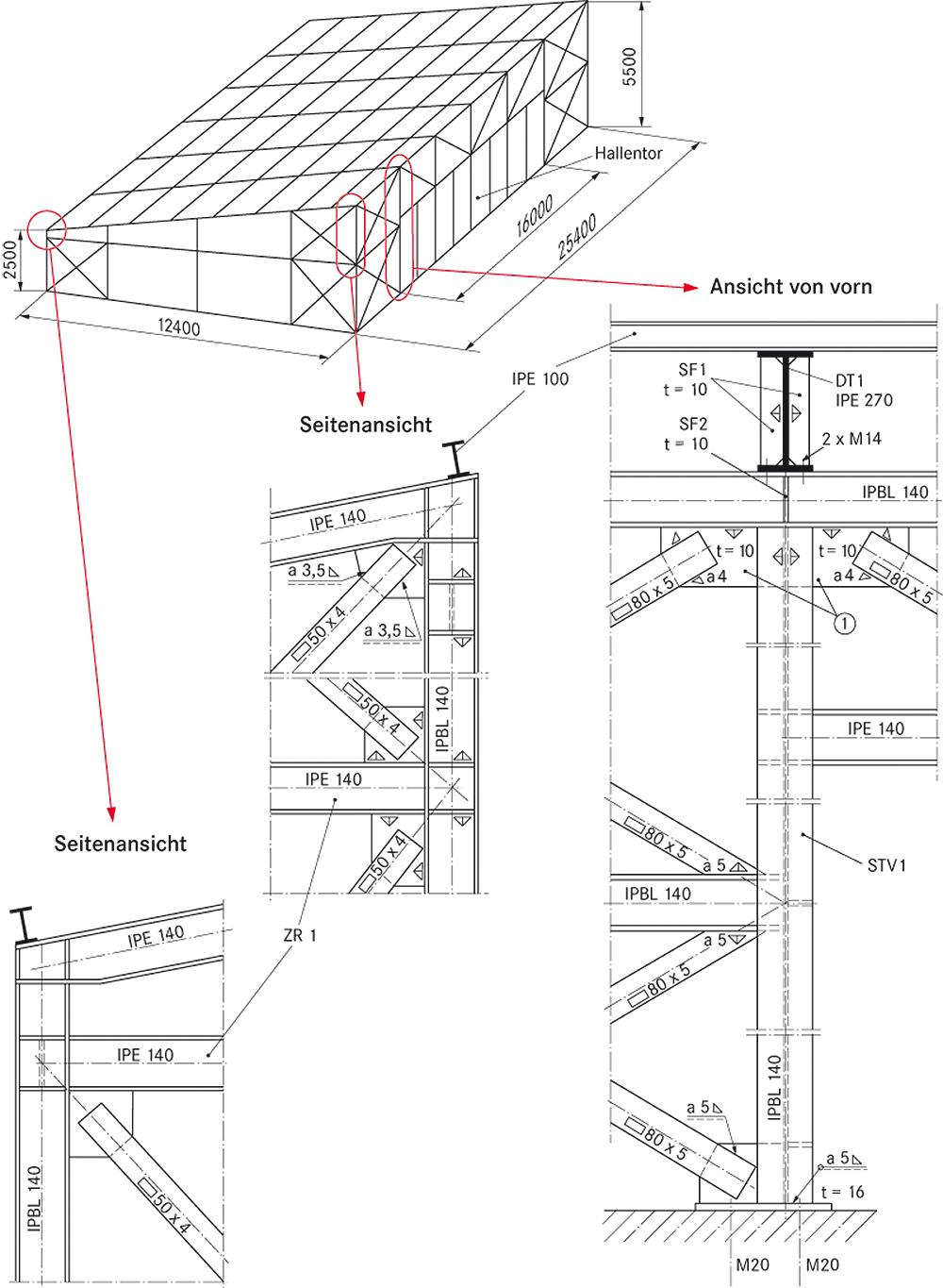 Strichzeichnung von Stahlbauteilen