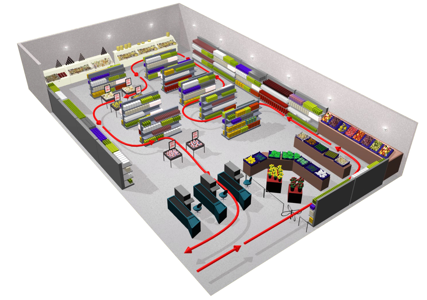Aufteilung eines Supermarktes als 3D-Illustration Supermarkt als 3D-Illustration