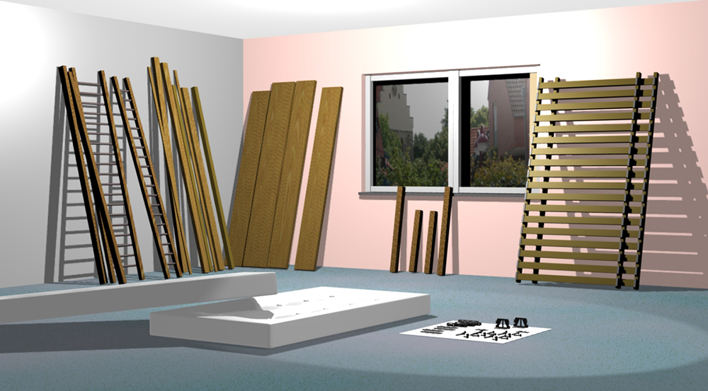 Teile einer Holzkonstruktion vor dem Zusammenbau Bestandteile zur Montage einer Holzkonstruktion