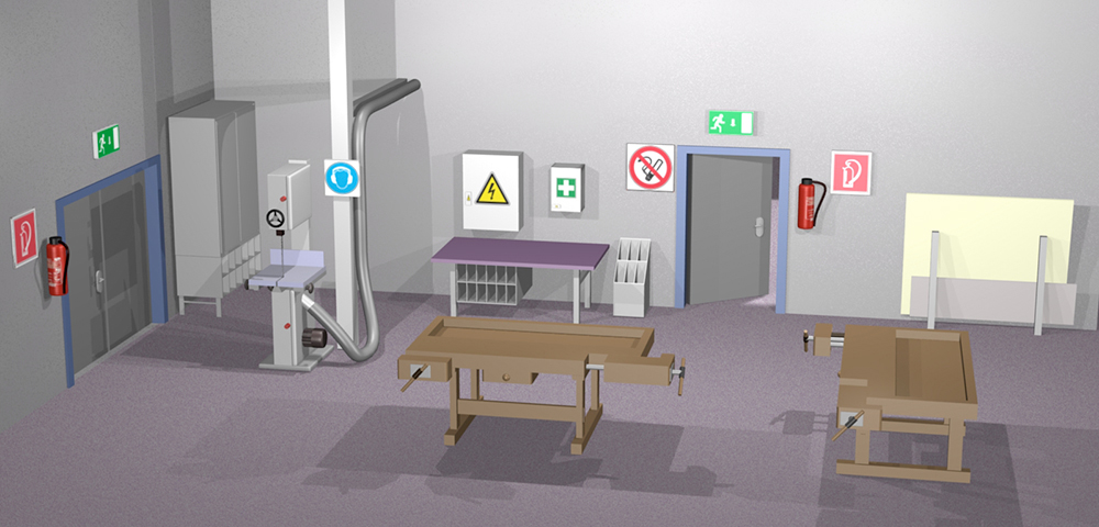 Ansicht einer Werkhalle mit Einrichtung als 3D-Illustration Werkhalle als 3D-Visualisierung